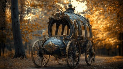Wall Mural - A horse-drawn carriage sits in the middle of a dense forest, surrounded by trees and foliage.