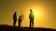 © Victoriia - Family mom dad child with shovel planting young tree in soil. Silhouette of family with tree at sunset. Dad mom and child planting tree. Happy family team planting tree in sunny spring time. Gardeners