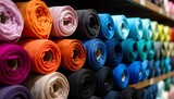 Rollos de tela de diversos colores organizados en estantes, formando un degradado cromático.
