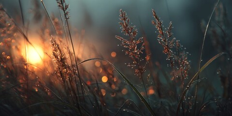 Dew-Covered Grass at Sunset: Golden Hour Landscape