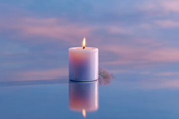 Wall Mural - solitary glowing candle casting warm light on a sleek reflective mirror surface in a dark serene set