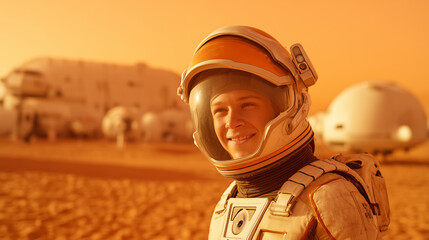 Wall Mural - an astronaut stands on the surface of mars, showcasing a bright smile and wearing a space suit. in t