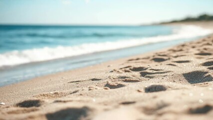 Wall Mural - A pair of footprints leading into the distance on a sandy beach, with the ocean visible in the background.