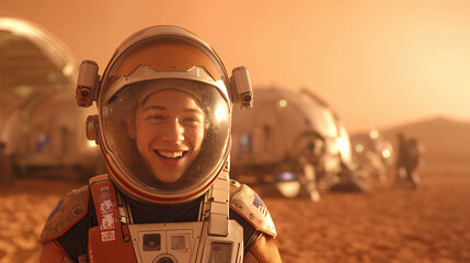 Wall Mural - a joyful astronaut stands on the surface of mars, showcasing excitement for the future