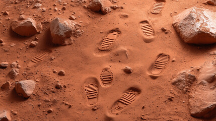 Wall Mural - footprints are embedded in the reddish soil of mars, surrounded by rocky formations