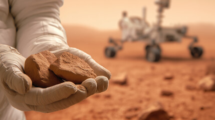 Wall Mural - an astronaut holds martian soil samples while a robotic rover analyzes the environment. this highlig