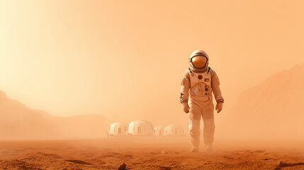 Wall Mural - an astronaut walks across the dusty terrain of mars, with a martian base visible in the background. 
