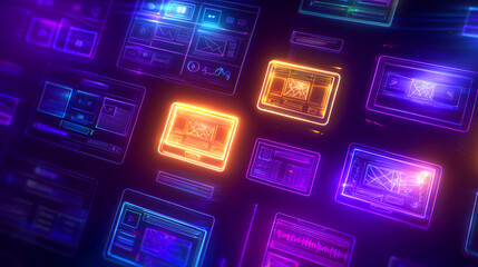 Wall Mural - multiple glowing computer screens display intricate data visualizations in a vibrant array of neon c