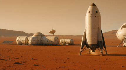 Wall Mural - a settlement on mars features futuristic habitats alongside a rocket ready for launch. solar panels 
