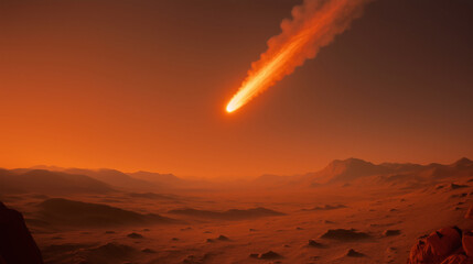 Wall Mural - bright meteors illuminate the martian landscape at dusk, casting shadows on rocky formations. the ev