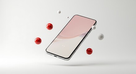 Modern Smartphone with Floating Balls Isolated on White Background Stylish Technology Device for Communication and Entertainment Minimalist Design
