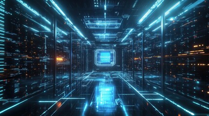 Futuristic technological corridor with illuminated blue and orange data streams