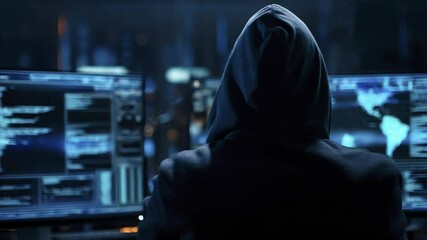 Hacker in Dark Hoodie Analyzing Data on Multiple Computer Screens