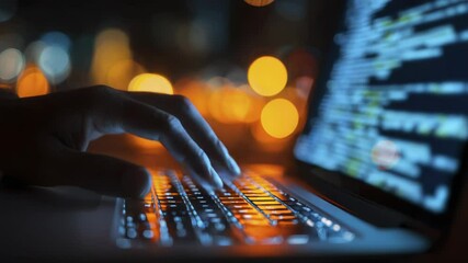 Fingers Typing on Illuminated Laptop Keyboard with Code on Screen