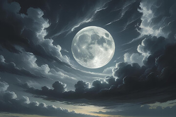 Wall Mural - Illustrative Full Moon in a Dramatic and Swirling Night Sky
