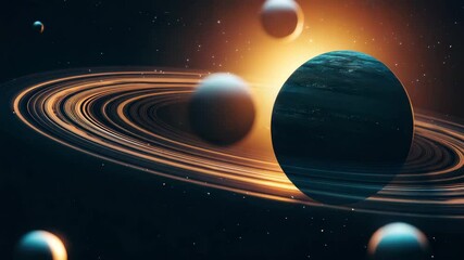 Wall Mural - Planet with glowing ring and multiple moons orbiting in deep space among stars and galaxy, showcasing celestial astronomy and cosmic wonders in bright, futuristic solar system environment