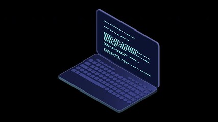 Wall Mural - isometric laptop animation. 3d isometric laptop computer. abstract programming language and program 