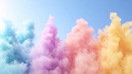 Wall Mural - vibrant clouds of pastel smoke against a clear sky. soft, colorful puffs fill the frame