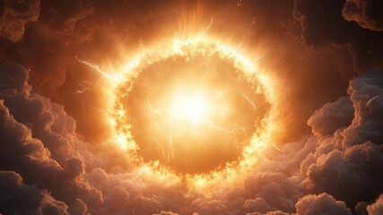 Wall Mural - Explosive bright fireball with intense energy, dramatic orange and yellow cloud lightning creating powerful fiery explosion and glowing ring in vivid warm tones