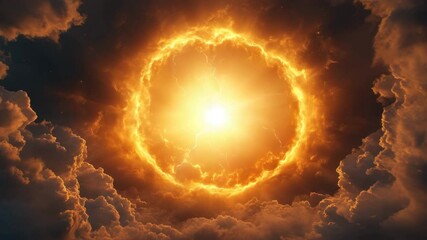 Wall Mural - Fiery glowing sun and bright orange sky with dramatic clouds and lightning, creating intense yellow fire and powerful glowing atmosphere full of energy and motion
