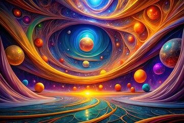 Wall Mural - A Vibrant Cosmic Landscape Featuring Celestial Bodies and Swirling Nebulae in a Dreamlike Setting