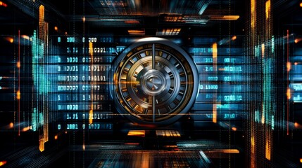 metal vault door with binary code inside digital landscape. cybersecurity fintech online themes. ai 