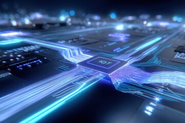 Wall Mural - illuminated iot microchip with glowing data streams, representing digital transformation and connect