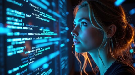 a focused woman studies computer code displayed on a glowing screen in a dark room, highlighting con