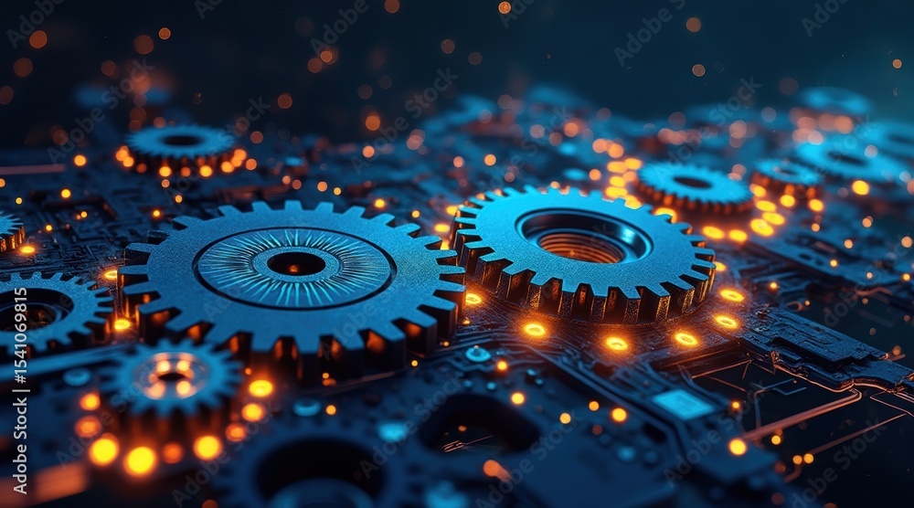 Close-up of interconnected blue gears on a glowing circuit board ...