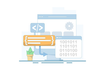 compiler programming concept, binary numbers. software development, machine language laptop code. pr