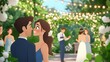 © UMPH.CREATIVE - Angry onlookers at a garden wedding, dark-haired woman in blue dress, contrasting emotions amid joy and romance, vibrant floral arch, twinkling lights
