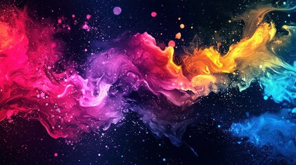 Wall Mural - A vibrant, colorful abstract painting with a mix of pink, blue, yellow, and orange hues, set against a dark background with small white dots.