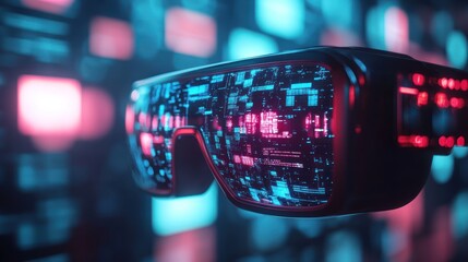 Futuristic VR glasses display digital data; use in tech and gaming; dynamic background