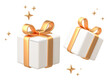 © Narong - 3D illustration of two white gift boxes wrapped with shiny golden ribbons, surrounded by sparkling stars on a clean white background. A luxurious and festive concept perfect for celebration