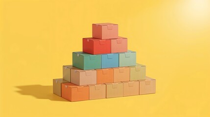 Canvas Print - pastel colored cardboard boxes pyramid stacked yellow background digital illustration colors