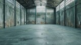 An empty warehouse with green walls and large windows, featuring a concrete floor and exposed metal beams.