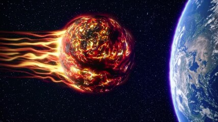 Wall Mural - fiery meteor and rogue planet approach earth deep space, glowing with intense heat, energy, and cosm
