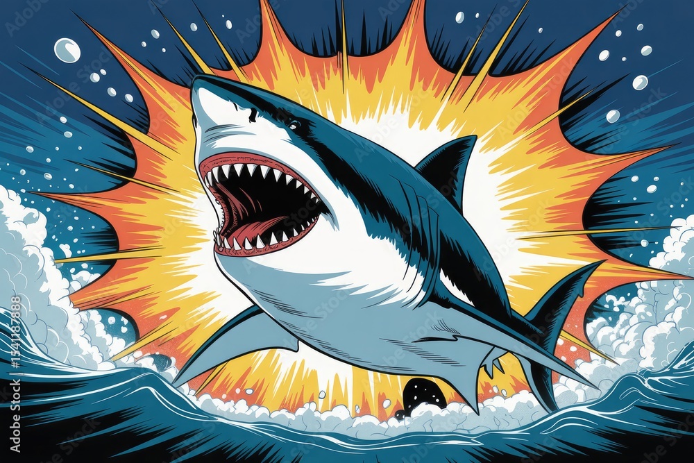 Aggressive shark in comic style bursting from the ocean depths ready to ...