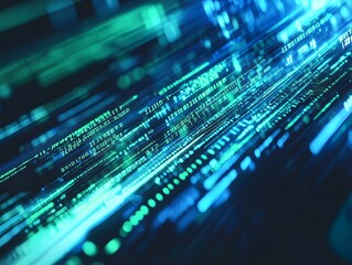 abstract data flow with binary code particles, dark background, glowing green and blue streaks.