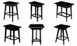 © Afchana - Six black and white isometric illustrations of stools with varying designs and leg configurations shown