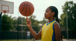 © Irina - Young girl spinning basketball on her finger at outdoor court