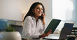 © peopleimages.com - Happy woman, talking and phone call with tablet for discussion or project proposal at office. Female person, accountant or financial advisor with smile on mobile smartphone for business negotiation