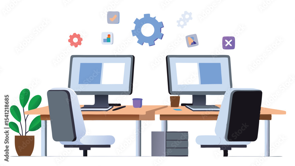 Computer Workstation Iconography Two computer workstations with floating icons and office plant in a ...