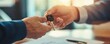 © Sanny Rada - Business car rental company service: Close-up view of a dealer handing over the car key to a customer after signing the rental agreement., Generative AI