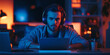 © Aigo labs - A young man intensely focused on his laptop, wearing headphones, in a room with a blue and red night light.