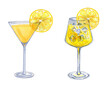 © Olga Shulgina - Cocktail limoncello spritz watercolor hand drawn illustration. Set of traditional italian aperitifs on isolated background. Alcoholic lemon drink for bar and menu.