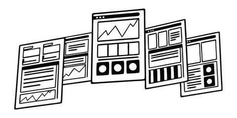 Illustration of multiple website layouts with graphs and content blocks in a dynamic composition style