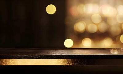 Wall Mural - polished dark wood table with gold trim against soft bokeh background