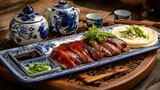 Crispy Peking duck with golden-brown skin glistening with honey glaze, sliced and arranged on a traditional blue-white porcelain platter.