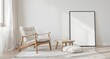 © youngdae - 밝은 햇살이 들어오는 거실 인테리어, 나무 의자와 액자, 쿠션이 놓인 편안하고 미니멀한 공간
